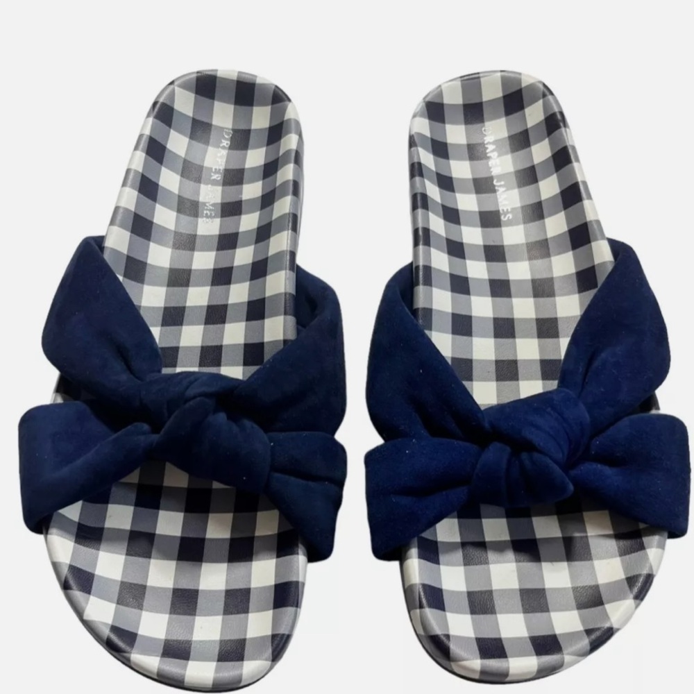 DRAPER JAMES STELLA SLIDES WOMENS SZ 7.5 NAVY & WHITE PLAID GINGHAM SANDAL